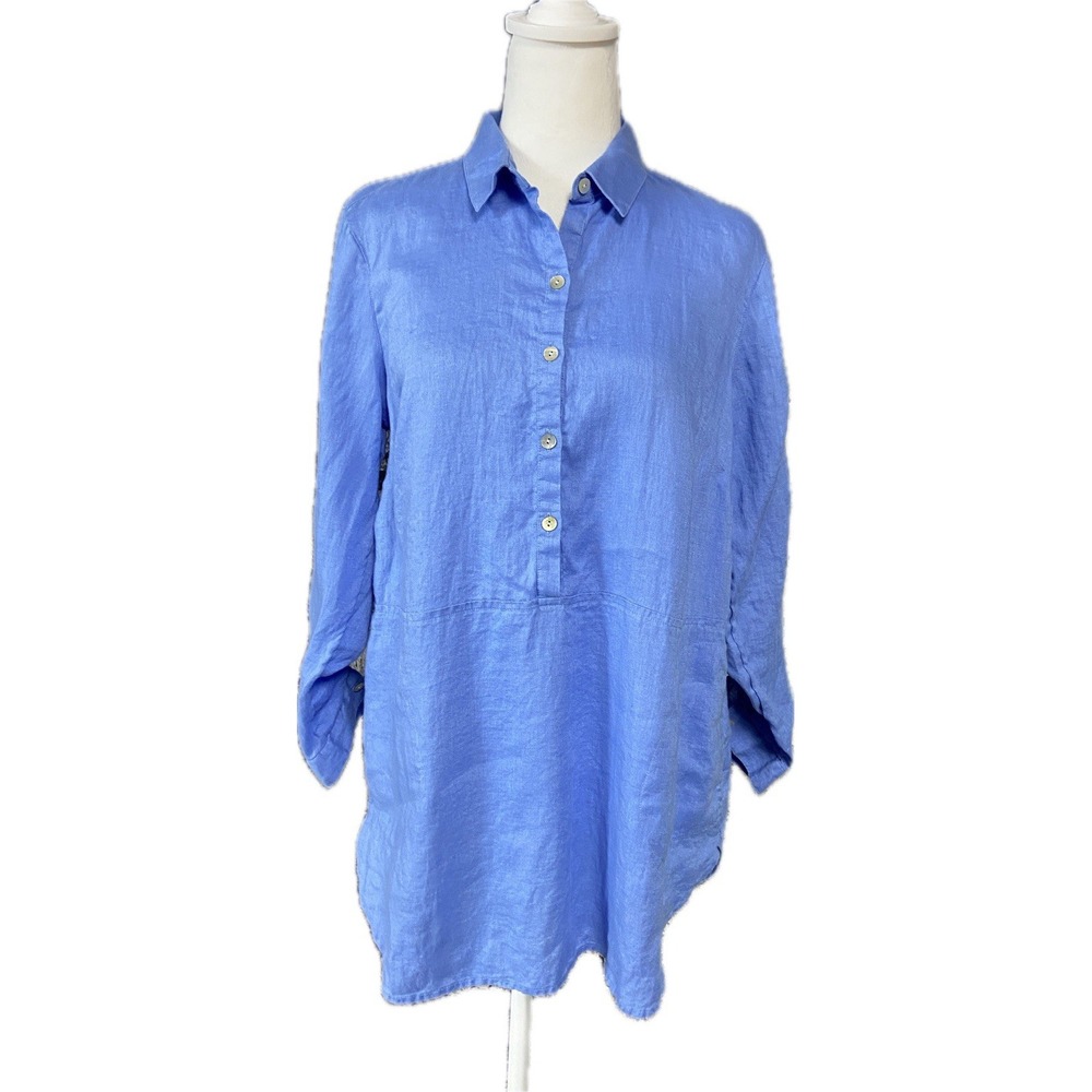 J Jill Pure Shirt Blouse Womens Small Blue Linen Relax Lightweight Beach Summer‎